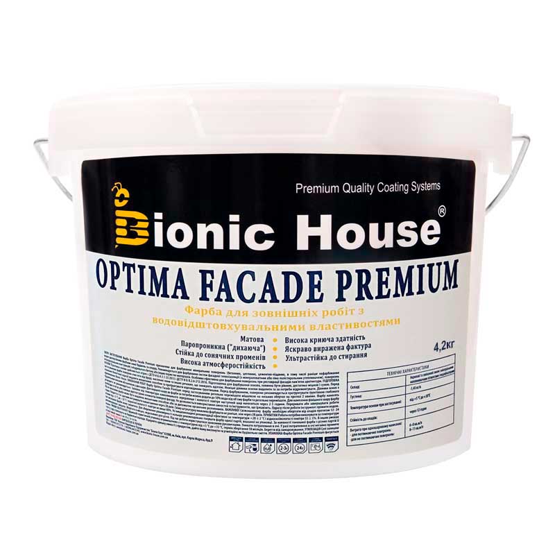Optima Facade Premium — Износоустойчивая гидрофобная акриловая краска для минеральных фасадов Bionic-House 4,2кг Белая любой RAL оттенок под заказ
