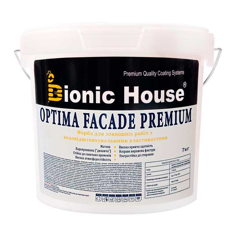 Optima Facade Premium — Износоустойчивая гидрофобная акриловая краска для минеральных фасадов Bionic-House 7кг Белая любой RAL оттенок под заказ