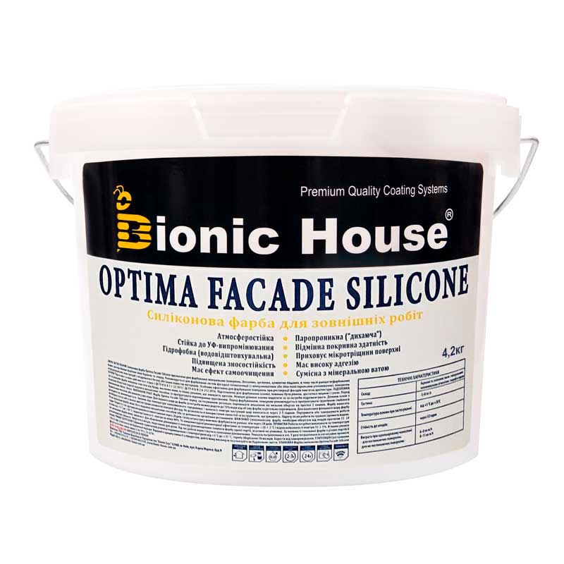Optima Facade Silicone — Износоустойчивая гидрофобная силикон-акриловая краска для минеральных фасадов Bionic-House 4,2кг Белая любой RAL оттенок под заказ