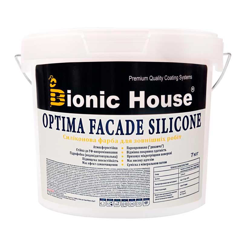 Optima Facade Silicone — Износоустойчивая гидрофобная силикон-акриловая краска для минеральных фасадов Bionic-House 7кг Белая любой RAL оттенок под заказ