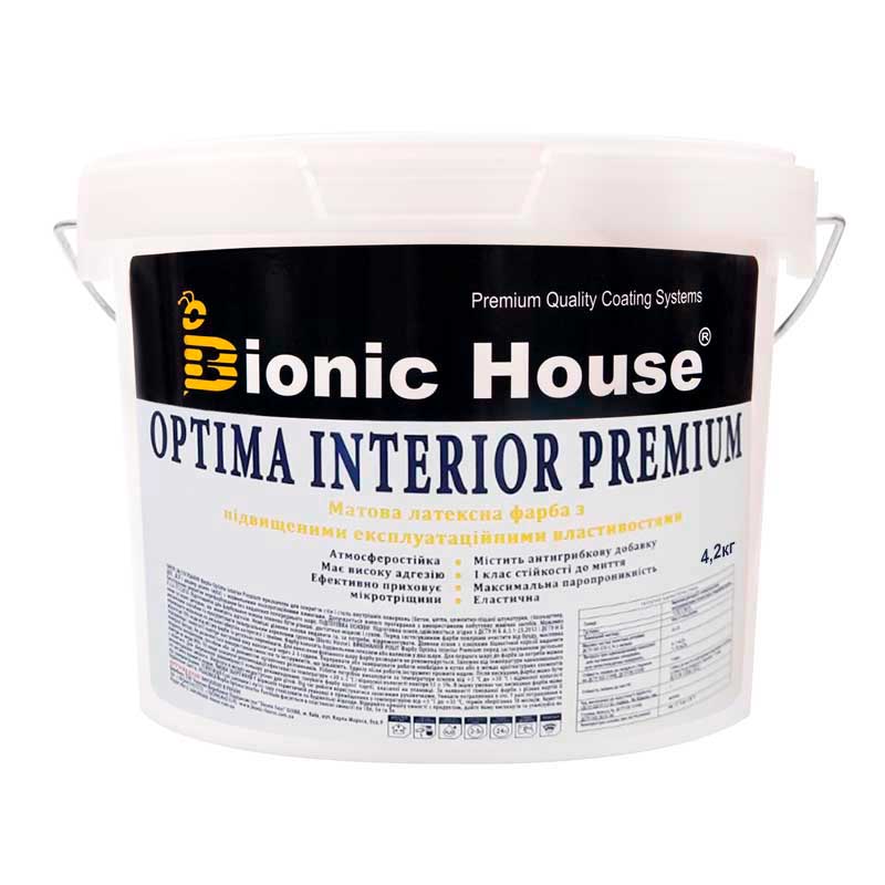 Optima Interior Premium — Износостойкая акриловая краска для стен и потолков Bionic-House 4,2кг Белая любой RAL оттенок под заказ