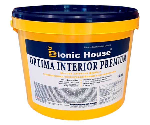 Optima Interior Premium – Зносостійка Акрилова фарба для стін та стель Bionic-House 14кг Біла будь-який RAL відтінок на замовлення