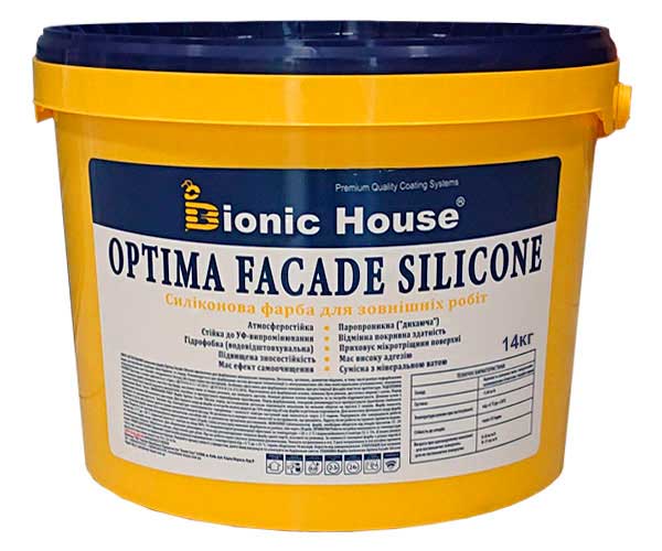 Optima Facade Silicone — Износоустойчивая гидрофобная силикон-акриловая краска для минеральных фасадов Bionic-House 14кг Белая любой RAL оттенок под заказ