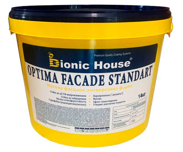 Optima Facade Standard — Износоустойчивая акриловая краска для минеральных фасадов Bionic-House 14кг Белая любой RAL оттенок под заказ